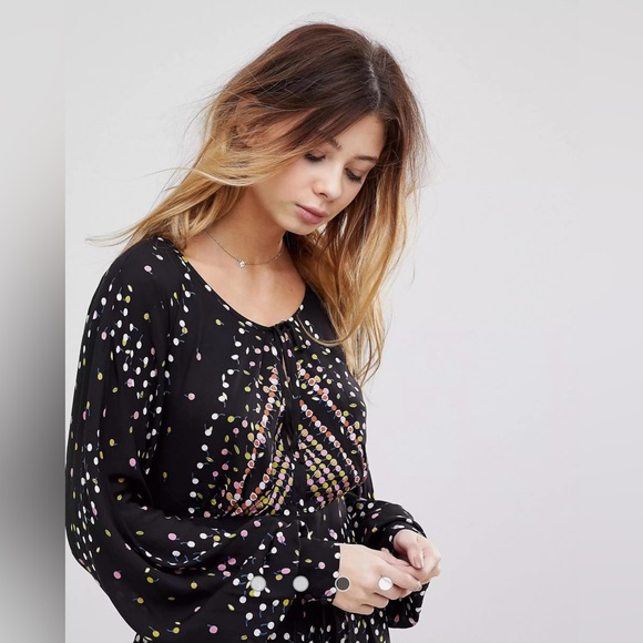 Free People S Black Multi Color Polka Dot Bishop Sleeve Open Back Mini Dress - Picture 4 of 10